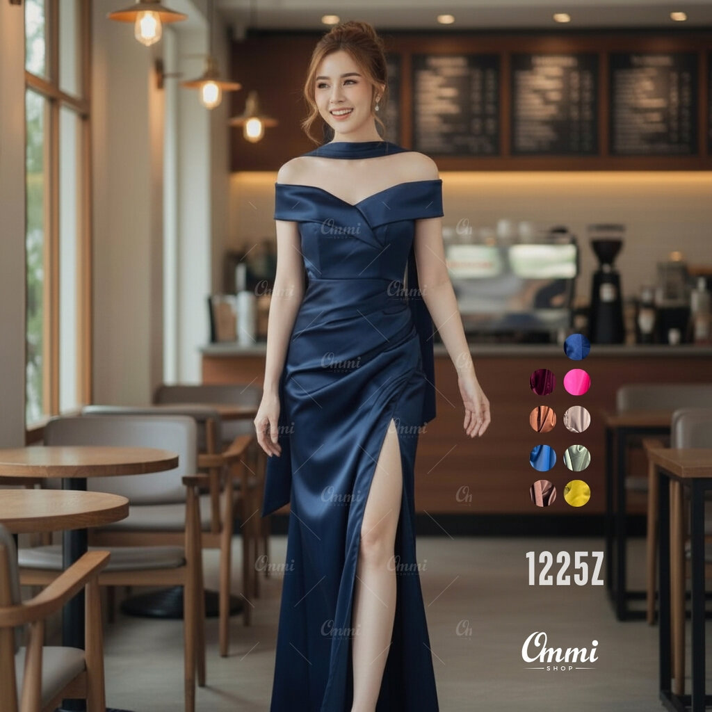 Ommishop ชุดราตรี 1225Z ปาดวีนก ผ้าซาร่า เดรสออกงาน ชุดงานแต่ง เพื่อนเจ้าสาว