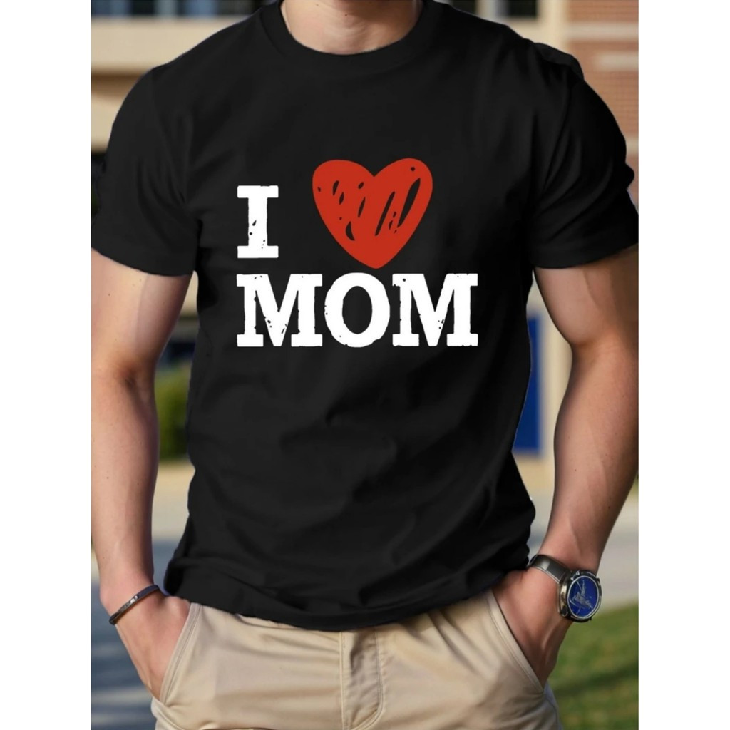 ผู้ชาย เสื้อยืดกราฟิก I Love Mom ผ้าฝ้าย ทรงหลวม คอวี ระบายอากาศ เสื้อลำลองพร้อมหัวใจสีแดง