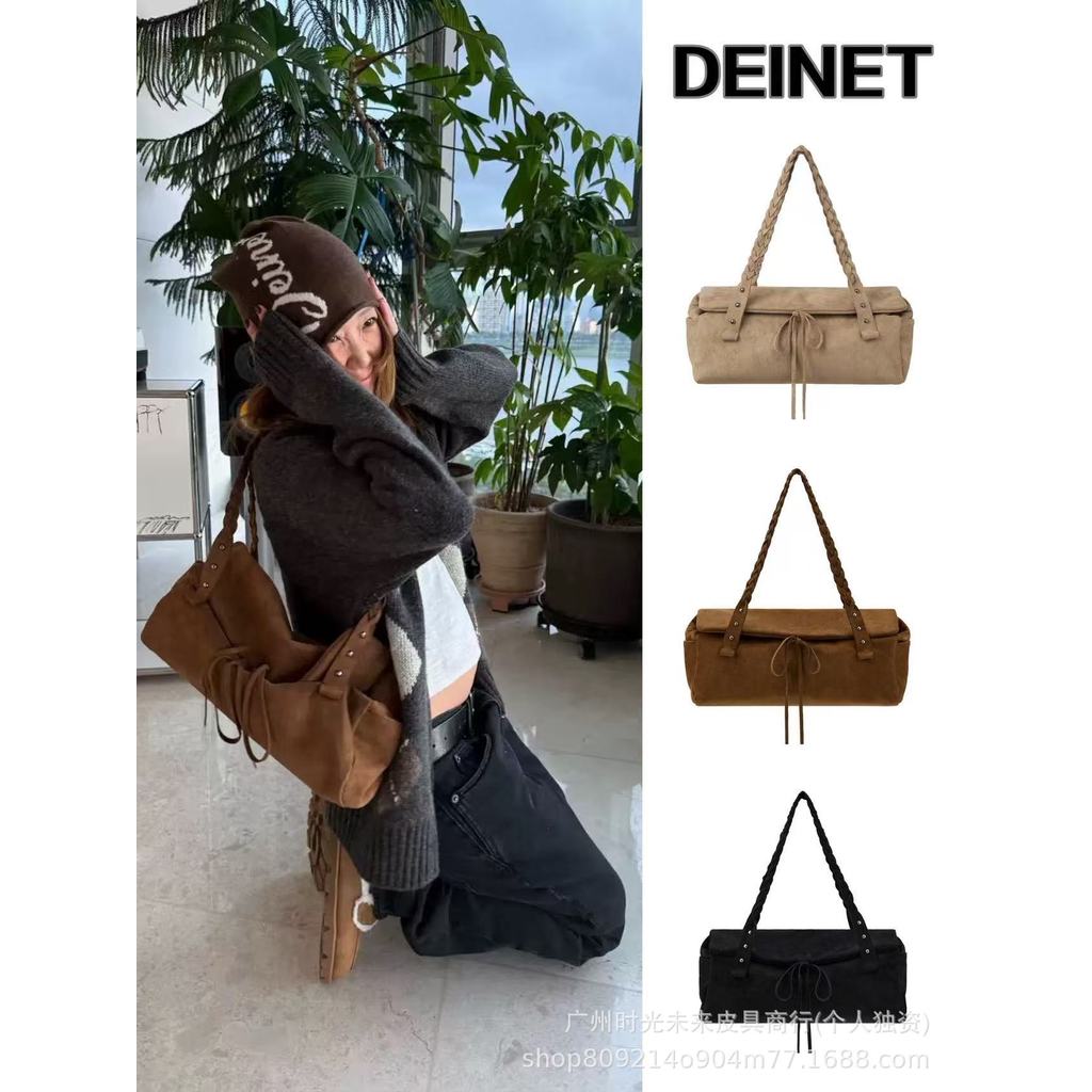 เกาหลี Niche DEINET25 Winter Melade Suede Retro ทอ Rivets กระเป๋าโท้ทความจุขนาดใหญ่