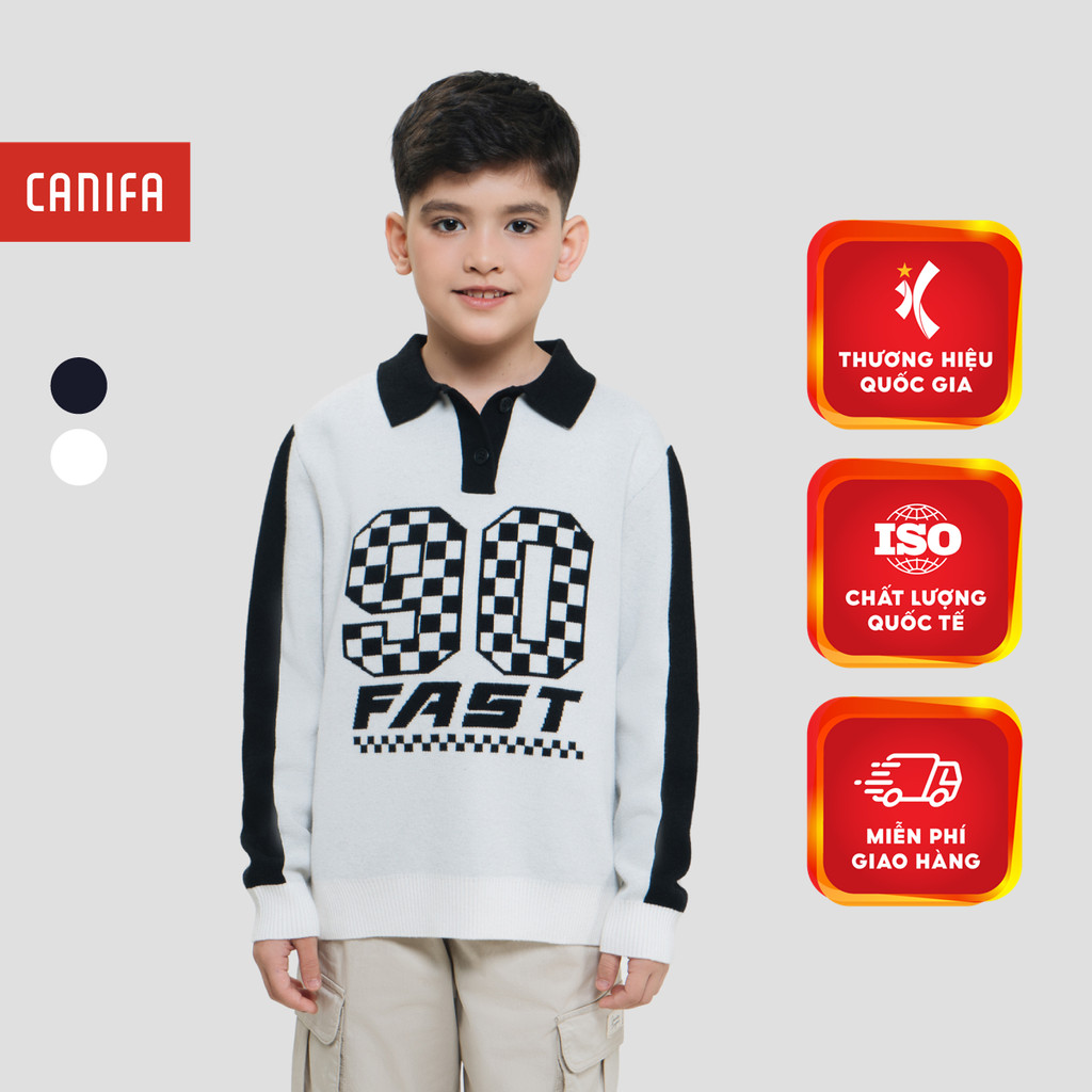 CANIFA เสื้อสเวตเตอร์โปโลสําหรับเด็กผู้ชายแขนยาวและคอปกพิมพ์ลาย 2TE25W005