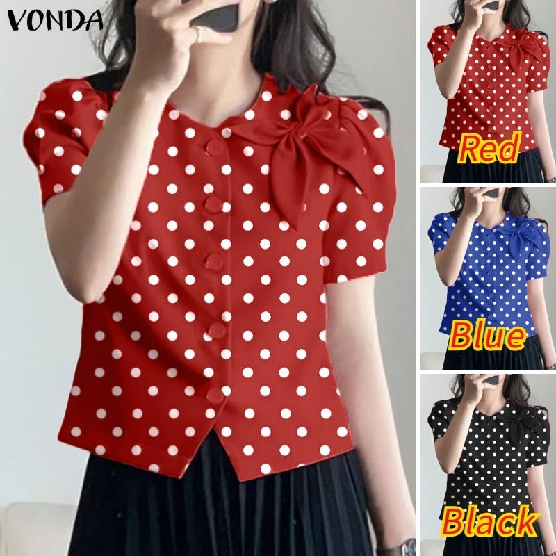 VONDA ผู้หญิงเกาหลีลําลองรอบคอสามมิติลายดอกไม้ลายจุดแขนสั้นทอผสมเสื้อรูปตัว H — صورة 3