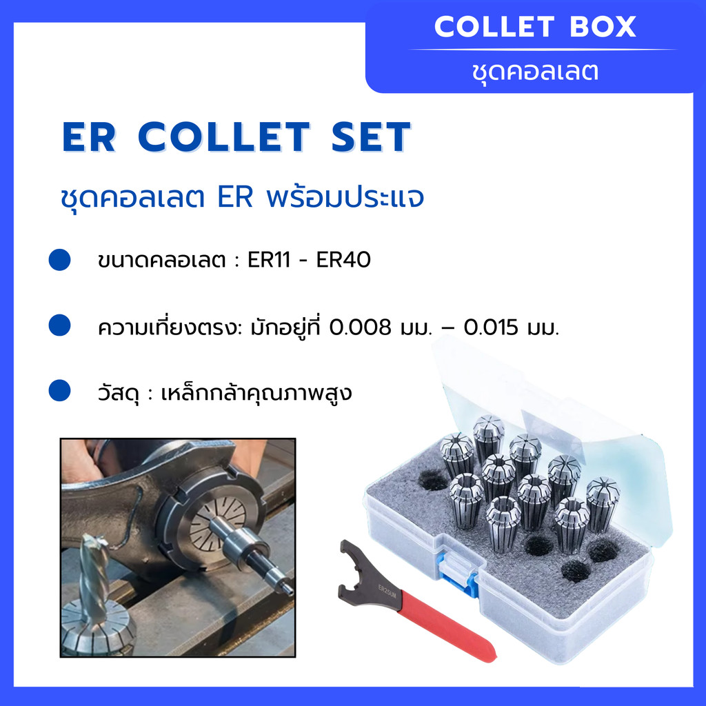 ชุดคอลเลต พร้อมประแจ Collet ER Box set ขนาด ER11 - ER40 จับดอกแน่น ศูนย์ตรง งานละเอียด
