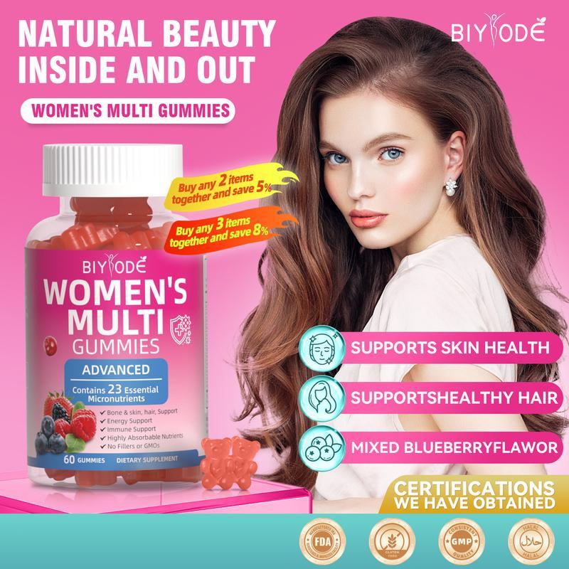 BIYODE วิตามินสตรี Gummies 23 Micronutrentes Support Bone Skin Hair Raspberry Flavour Non GMO และ Gl