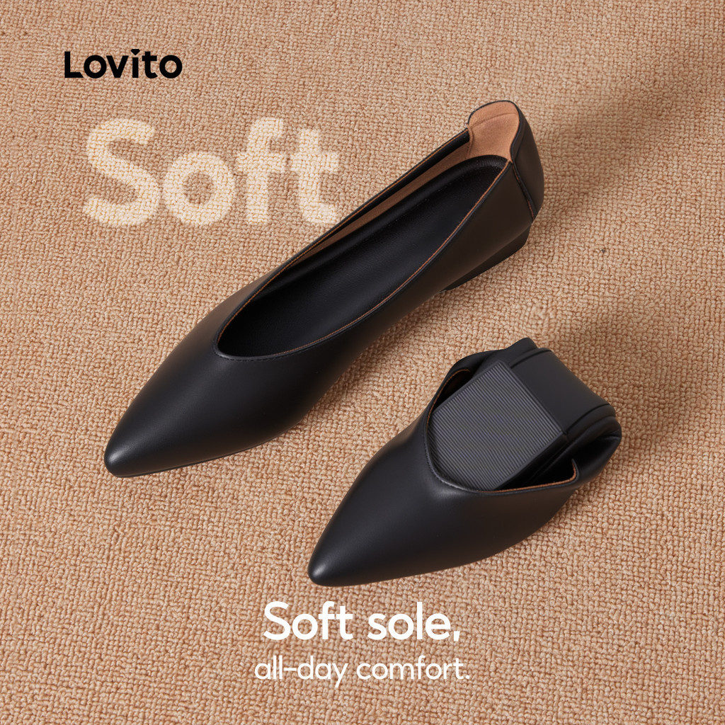 Lovito รองเท้าทรงแมรี่เจนสำหรับผู้หญิง ทรงเรียบง่าย อเนกประสงค์ ทรงหัวแหลม ส้นเตี้ย พื้นนุ่ม สวมใส่สบาย LFA70270