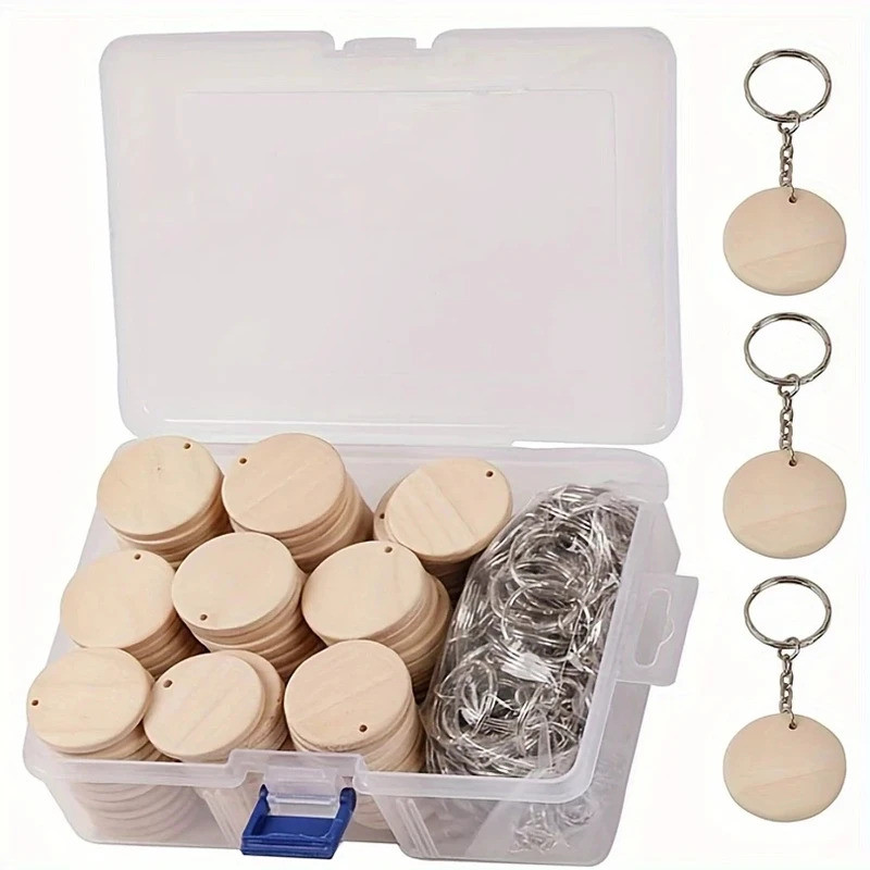 150 Pcs/ Box Round Wooden Discs with Keychain Wood Tags with Hole Reminder Record Calendar Wood Chip