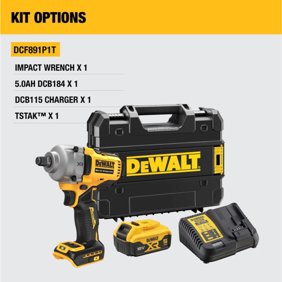 DEWALT บล็อกกระแทกไร้สายไร้แปรงถ่าน รุ่น DCF891P1T-B1 20V Max 812Nm (ครบชุด) พร้อมแบตเตอรี่ 5.0AH