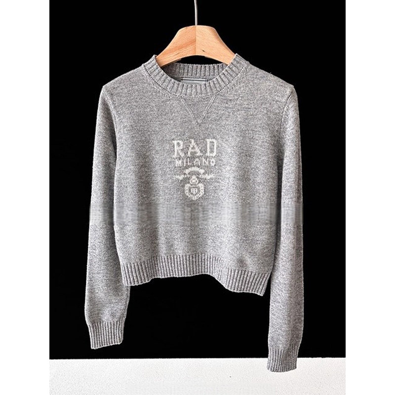 X6CO PRAD* White Letter Jacquard Knit Sweater Loose Lazy Style Soft Wool Sweater for Women Autumn Wi