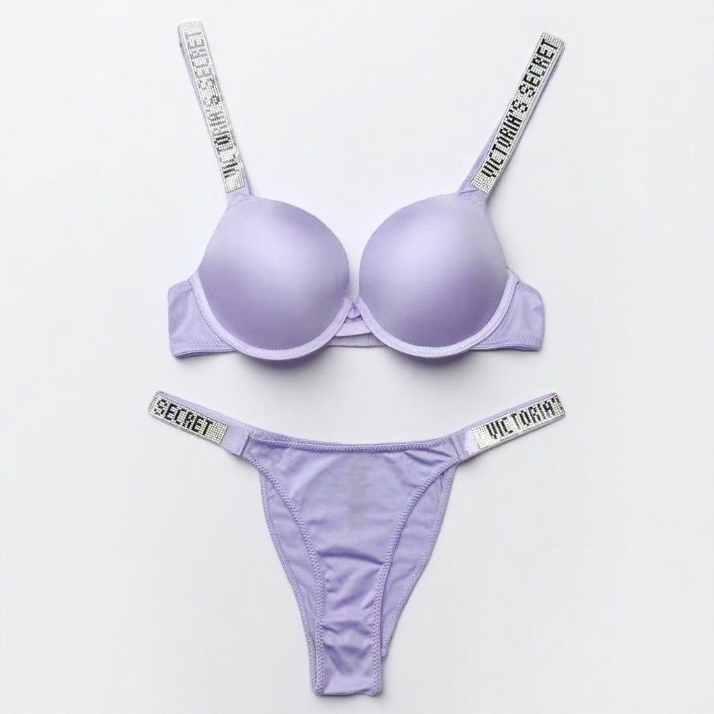 สไตล์ใหม่ 2 ชิ้นชุดสายคล้องไหล่ Rhinestone 3/4 ถ้วยชุดชั้นใน Push-Up Bra + ชุดกางเกงบิกินี่, อัพเกรดใหม่ Lucky สีม่วง SWLX