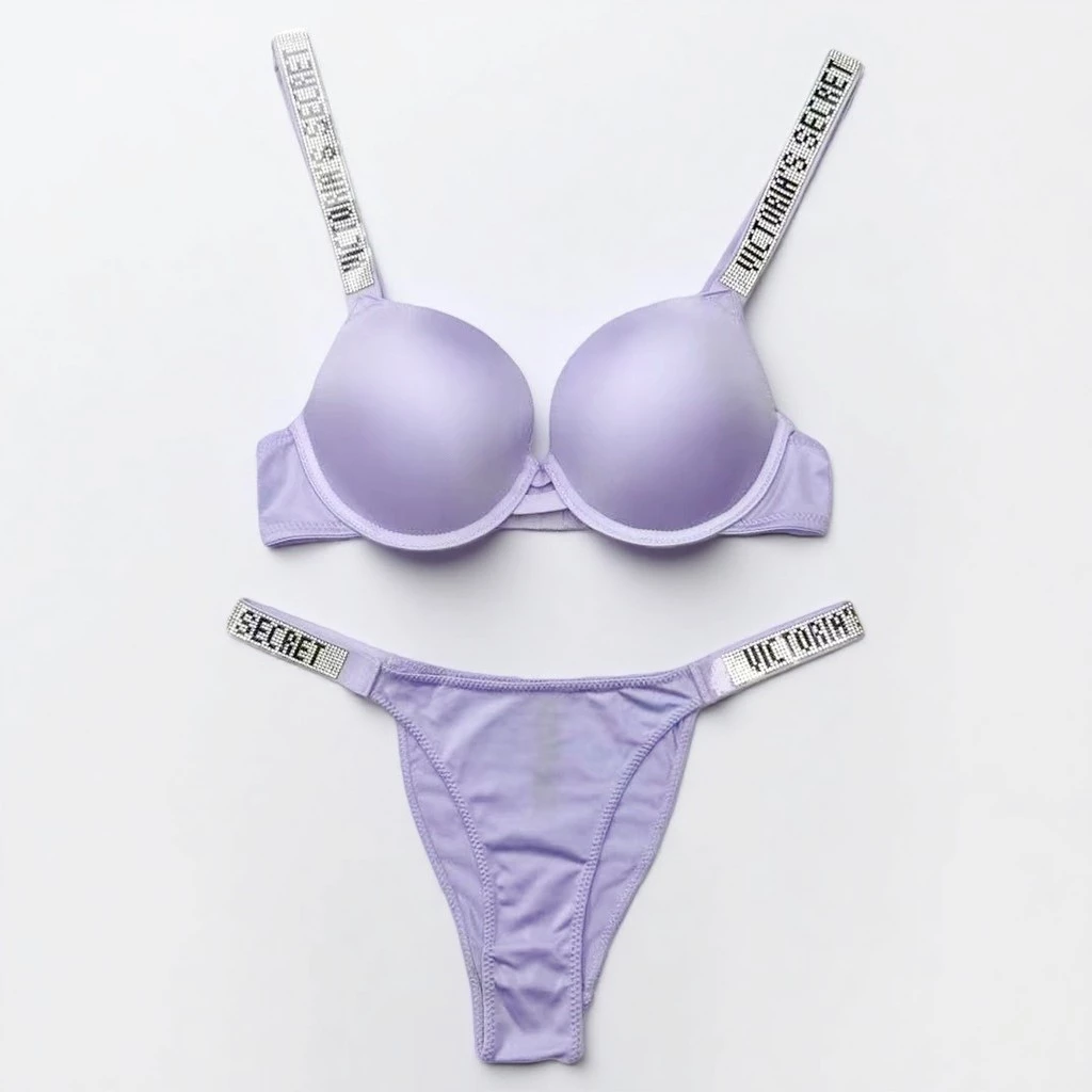 สไตล์ใหม่ 2 ชิ้นชุดสายคล้องไหล่ Rhinestone 3/4 ถ้วยชุดชั้นใน Push-Up Bra + ชุดกางเกงบิกินี่, อัพเกรดใหม่ Lucky สีม่วง SWLX