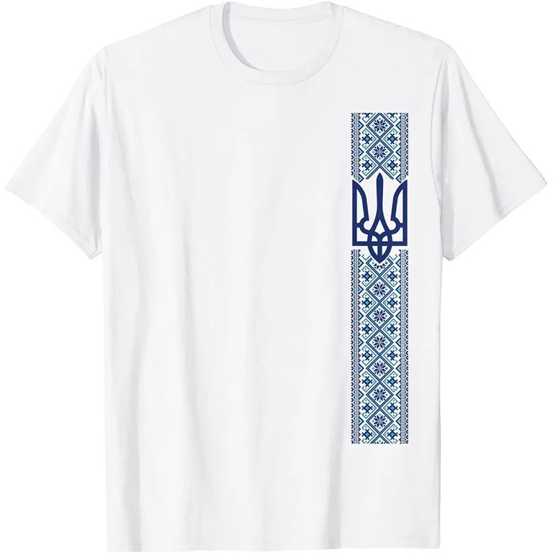 KEMEJA ผู้ชายสบายๆ O-คอเสื้อยืด Uraine สัญลักษณ์พิมพ์แขนสั้นเสื้อยืด O-คอ Casual Top Trident เย็บปัก