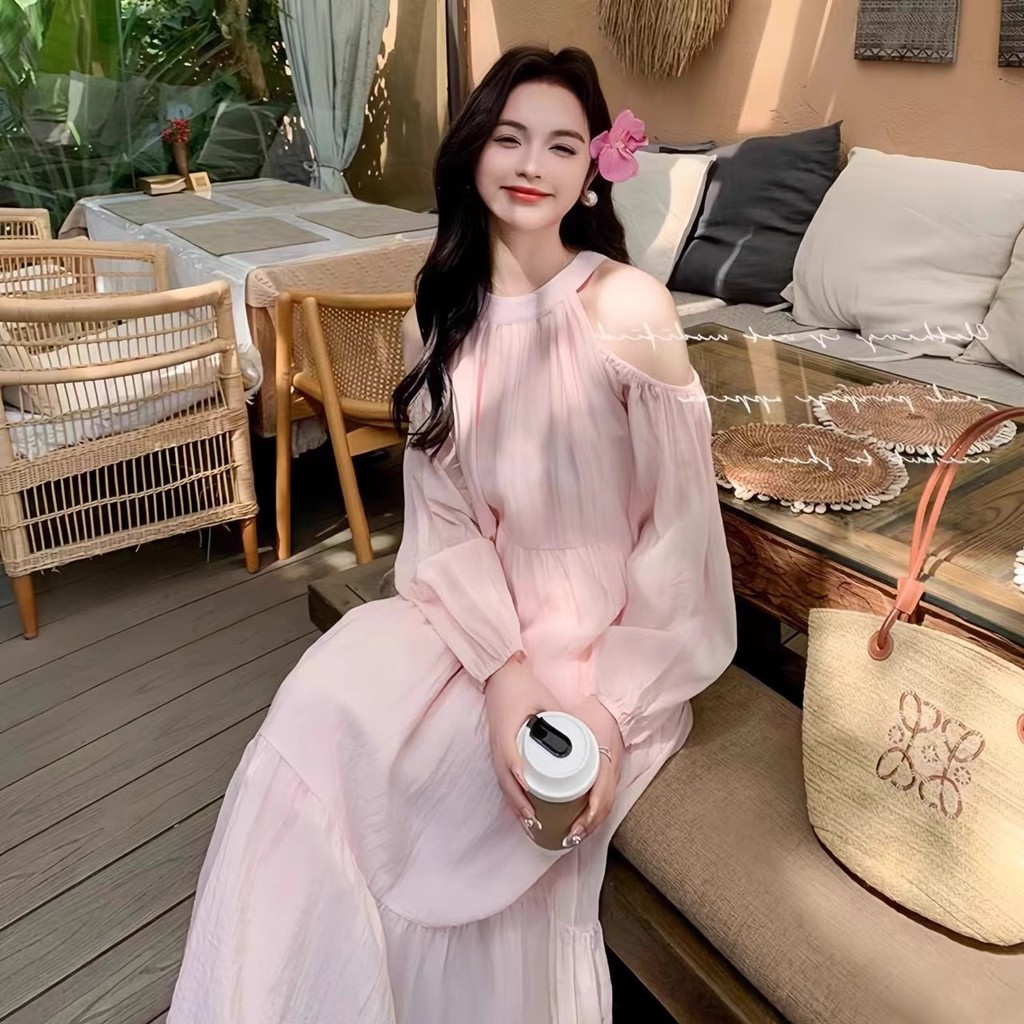 เดรสสีชมพูmaxi dressกระโปรงยาวแขนยาว ไซส์ใหญ่คอกลมเดรสปาดไหล่ชุดไปค่าเฟ่pleased เดรส