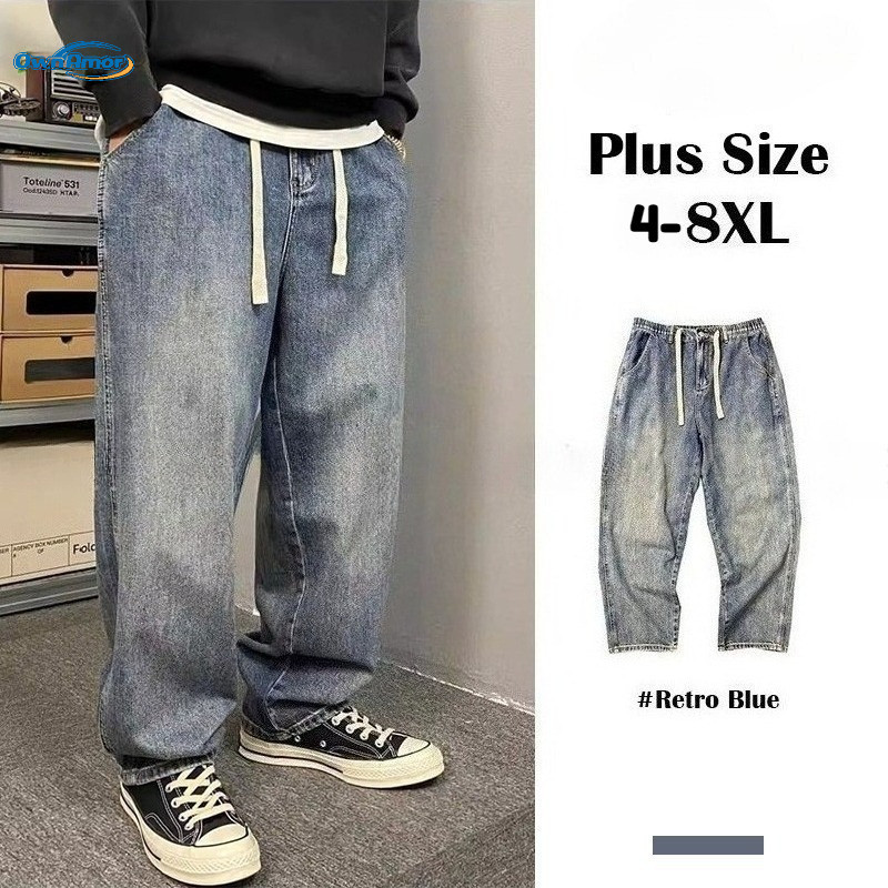 เสื้อดีนิมขนาด 4-8XL ทรงกว้างหลวม มีเข็มขัดยางยืด สไตล์ลําลองอินเทรนด์