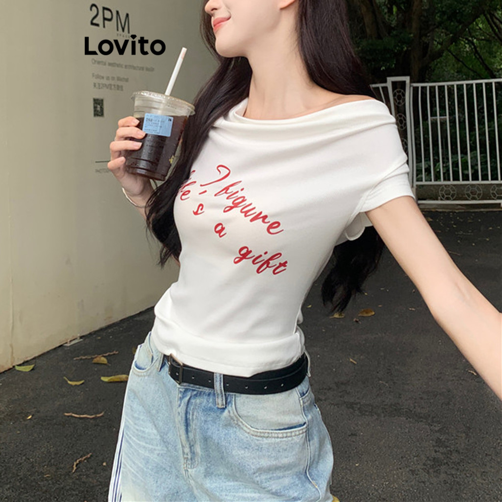 Lovito เสื้อยืดลายตัวอักษรน่ารักไม่สมมาตรสำหรับผู้หญิง L122AD019 - รูปที่ 2