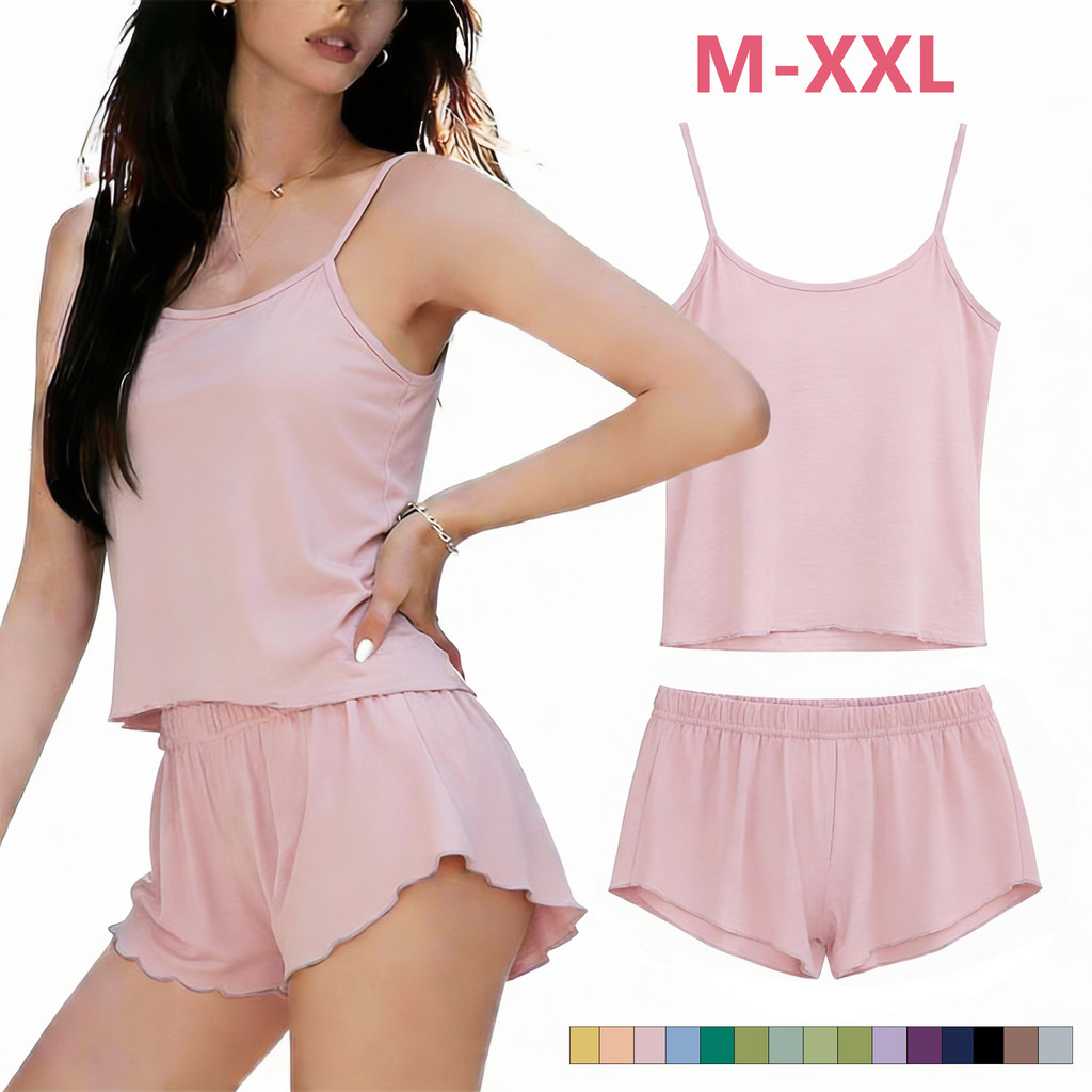 ชุดนอนผู้หญิงสายเดี่ยว 2 ชิ้น สีพื้นเซ็กซี่ ผ้าเบา ระบายอากาศดี มีสีให้เลือก (พร้อมส่ง)