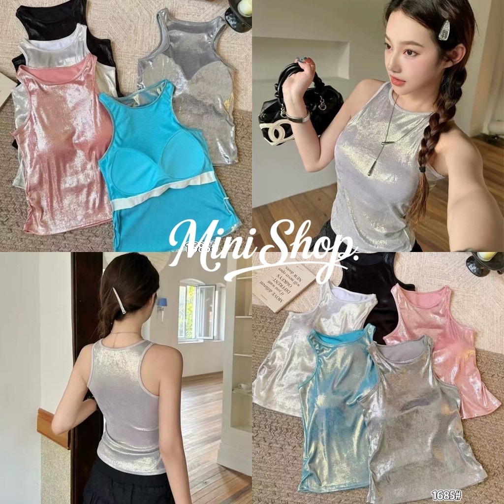 Mini shop🌸พร้อมส่ง🌸(FY1685)เสื้อกล้าม สีสดใสโฮโลแกรม เสริมฟองน่ำในตัว ยืดพอดีตัวใส่ง่าย เสื้อกล้ามผู้หญิง