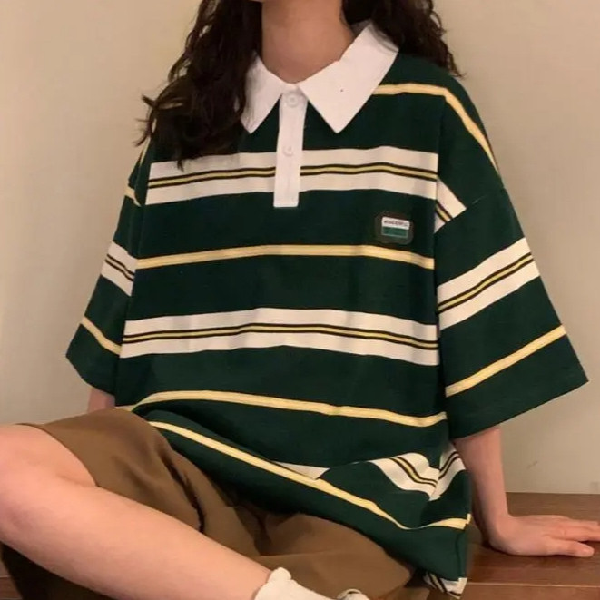 Chaistyle เสื้อโปโล แขนสั้นลายทาง วินเทจ เสื้อผ้าผู้ชาย ผ้าดีใส่สบาย สไตล์เกาหลี เสื้อผ้าแฟชั่น ความรู้สึกของการออกแบบ