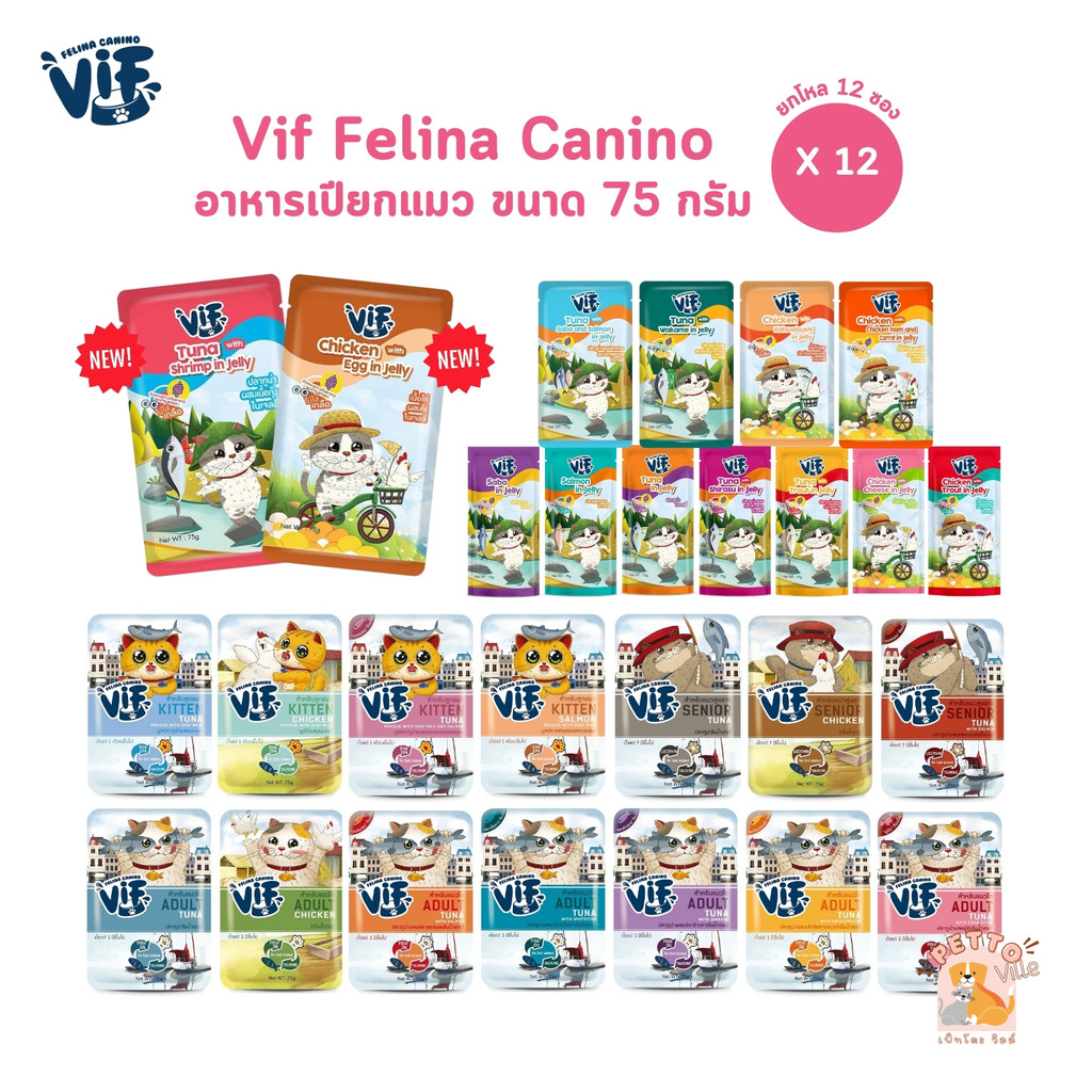 🔥มี Token VIF Felina Canino [ยกโหล 12 ซอง] อาหารเปียกแมววิฟ อาหารแมว ครบสูตร ขนาด 75 กรัม