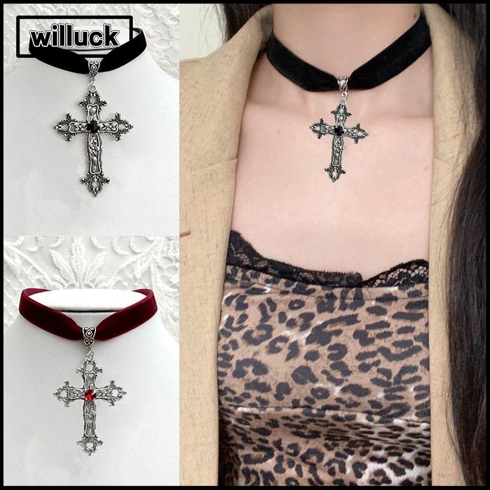 WILLUCK กํามะหยี่สีดํา Choker, CROSS จี้ Punk Choker สร้อยคอ, มาถึง Grunge ดูสไตล์โกธิค CROSS สร้อยคอลูกปัดไอเดียของขวัญ