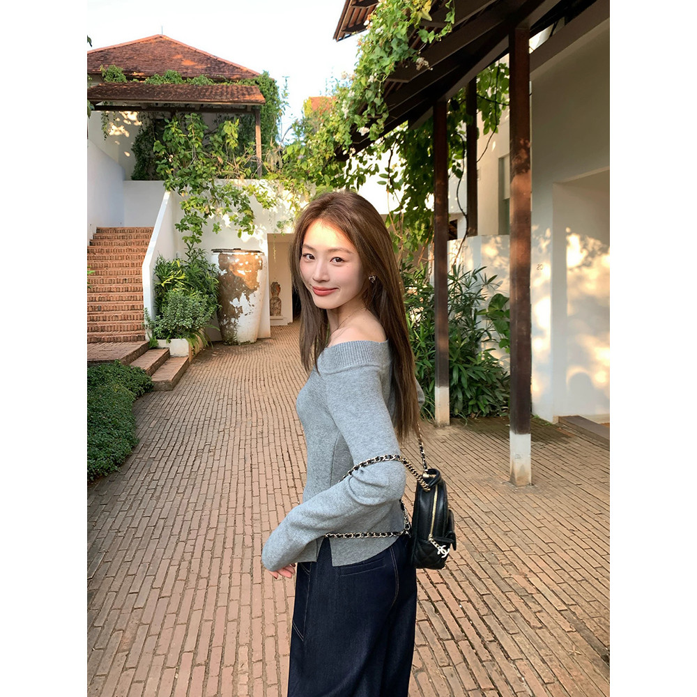 <Moses Queen> เสื้อไหมพรมแขนยาวสีดำสไตล์เกาหลี เปิดไหล่ เหมาะสำหรับการสวมทับในฤดูใบไม้ร่วงและฤดูหนาว ช่วยให้ดูผอมเพรียวและเข้ารูป ราคา ถูกที่สุด ดีลบีเคเค แกลเลอรีภาพที่ 7