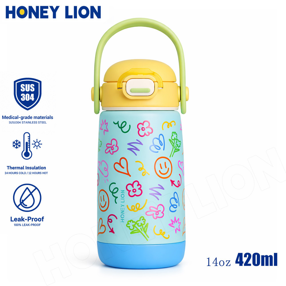 HoneyLion - ขวดน้ำเก็บความร้อน-เย็น เด็ก 12ชั่วโมง ร้อน 24ชั่วโมง เย็น สแตนเลส 304 มีหลอดดูดนิ่ม กันรั่ว กันตก ปลอดภัยสำหรับเด็ก