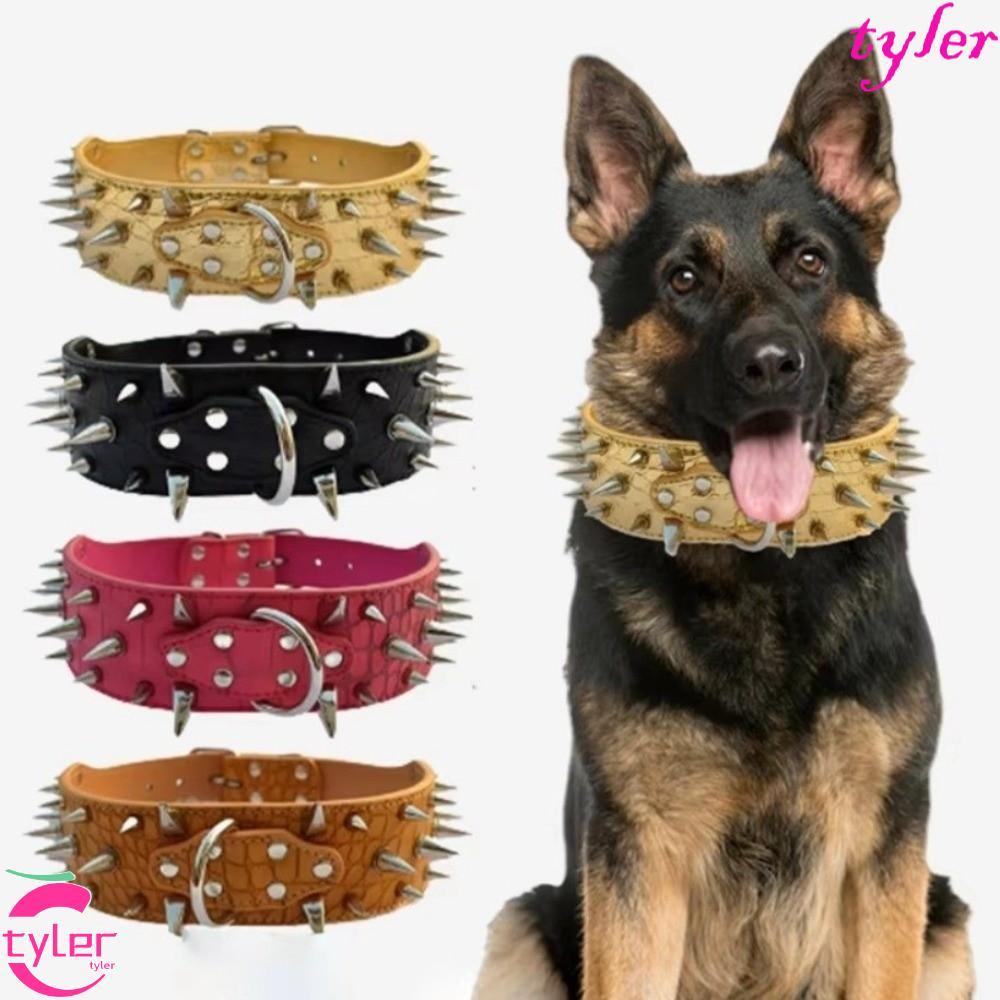 TYLER Spiked ปลอกคอสุนัข, Anti-bite Heavy Duty PU หนังสัตว์เลี้ยงสร้อยคอ,ทนทานปรับ Sharp Widen สุนัขการฝึกอบรม Collar อุปกรณ์สําหรับสัตว์เลี้ยง