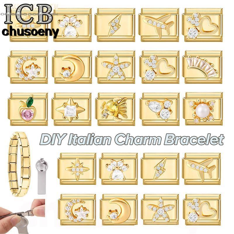 สร้อยข้อมือสแตนเลส Golden Diamond Moon Star ขนาด 9 มม. เหมาะสำหรับงาน DIY และการตกแต่ง