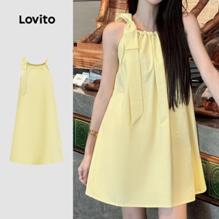 Lovito เดรสลําลองผู้หญิงสีเหลือง ผูกเชือกสําหรับฤดูใบไม้ผลิ/…
