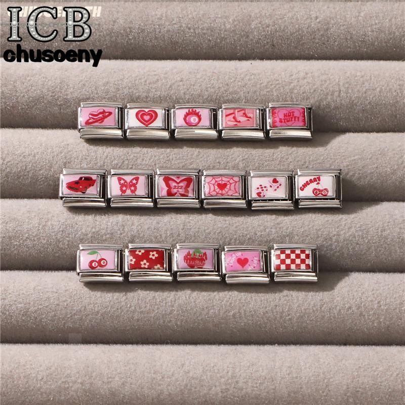 สร้อยข้อมือสแตนเลสสไตล์แพทช์ มีพลอยสีชมพูและเศษไม่อิตาลีขนาด9มิลลิเมตร เครื่องประดับเสริมบุคลิกภาพ