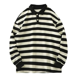 Chaistyle เสื้อผู้ชาย แขนยาวลายทาง เสื้อโปโลคอปก สีต่อ รุ่นคู่รัก
