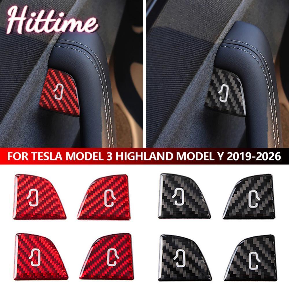 HITTIME 4 ชิ้น/เซ็ตประตูรถปุ่มสวิทช์ป้องกันสําหรับ Tesla รุ่น 3 Highland รุ่น Y 2019-2026 Scratch Proof คาร์บอนไฟเบอร์ภายในสติกเกอร์ T6Z5