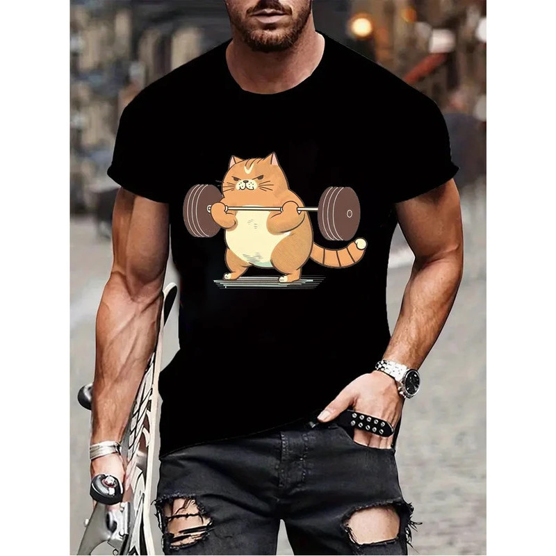 Fast Delivery Cat Weightlifting Printed T-shirt Men  Design Graphic Tee Men Women Clothing