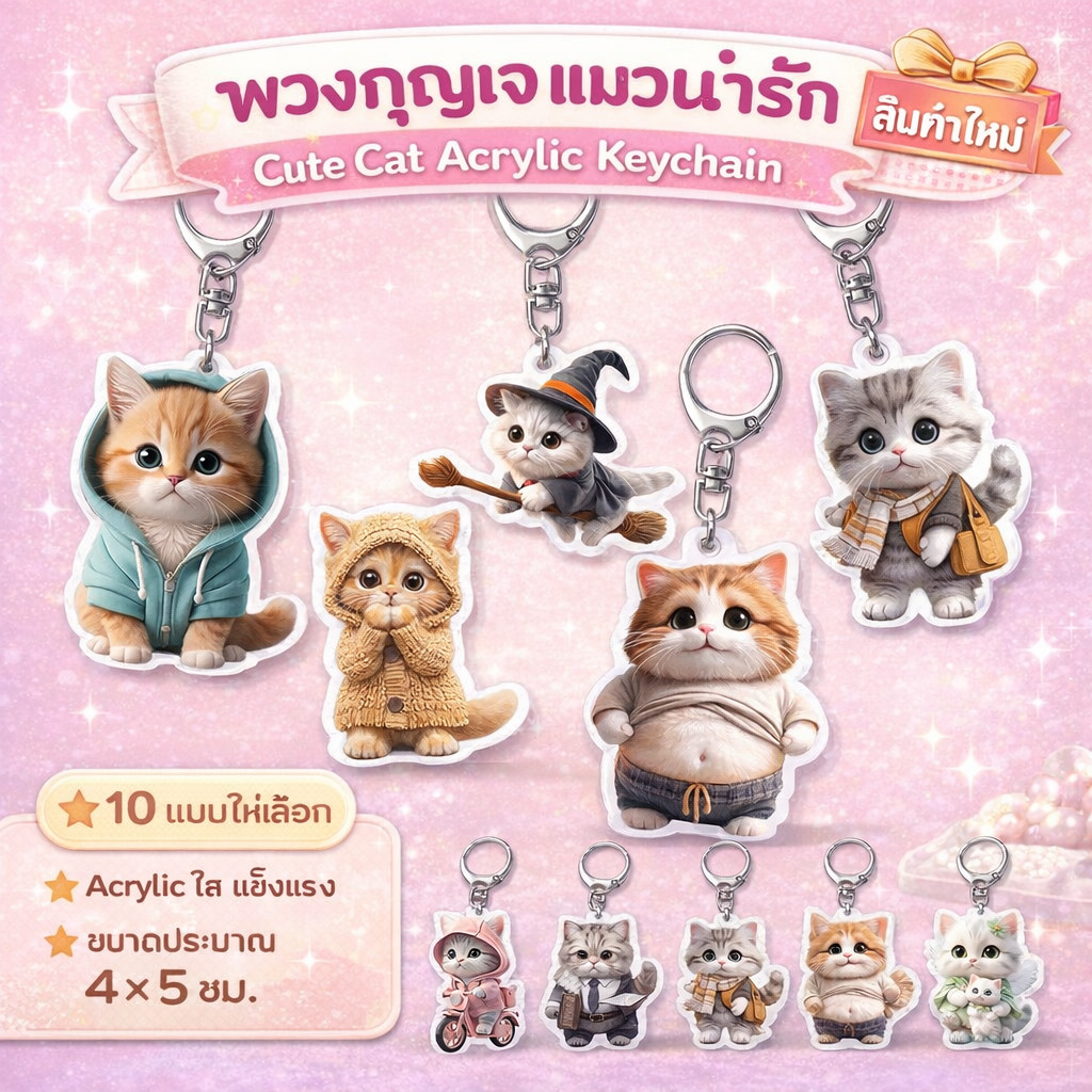 พวงกุญแจ อะคลีลิค รูป แมวน่ารัก ขนาด 4-8 ซม. Cute Cat Keychain ของขวัญทาสแมว พวงกุญแจห้อยกระเป๋า
