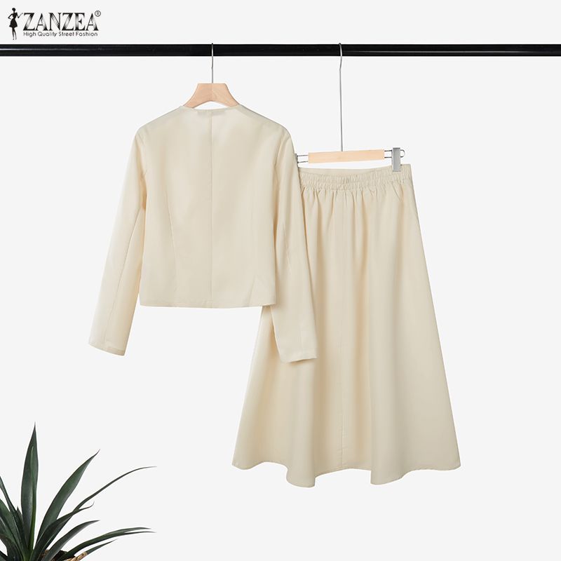 ZANZEA ผู้หญิงเกาหลี Elegant Office OL คอกลมแขนยาวกลับเอวยางยืด A-Line ชุดสองชิ้น — صورة 8