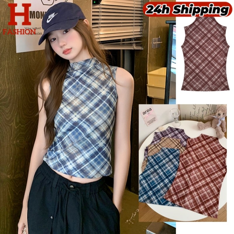 HOT พร้อมส่ง เสื้อแขนสั้น มินิมอลสไตล์ ดีเทลลายสก็อตสีพาสเทลน่ารักเกาหลีมาก FY8711