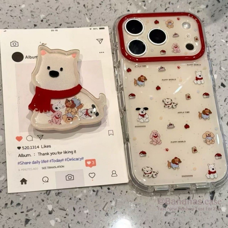 การ์ตูนผ้าพันคอลูกสุนัขเคสโทรศัพท์ + ขาตั้งสําหรับ iPhone 17 16 15 14 13 12 11 Pro Max X XR XS Max 7 8 Plus SE2020