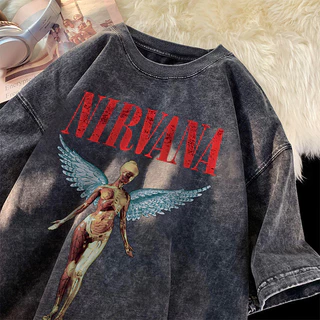 (จัดส่งตลอด 24 ชั่วโมง)Woo Right ผ้าฝ้าย100% Nirvana วงดนตรี เสื้อยืดผ้าฟอก oversize ผ้าคอตตอน100% สไตส์อเมริกา I001113