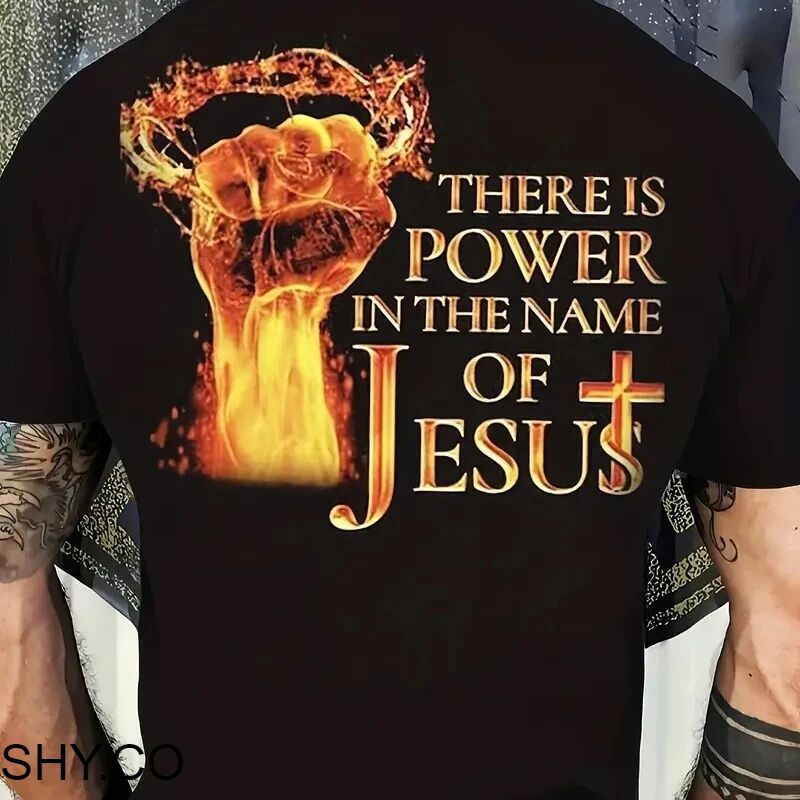 แฟชั่นMen Tee Shirt Jesus Christ Back Printing T-Shirt Fashion Graphic Tops Gift for Christian Jesus