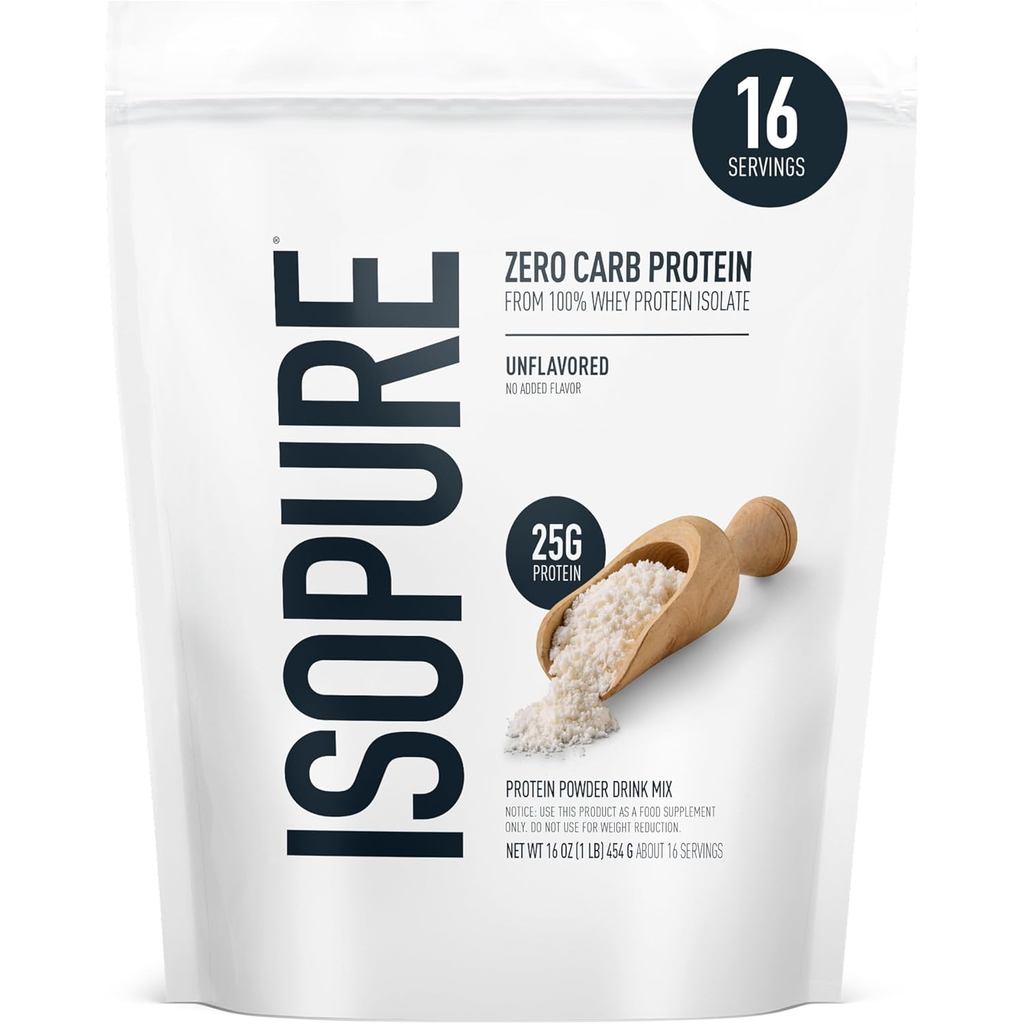 Isopure Zero Carb 100% Pure Whey Isolate Protein Powder, Gluten Free, with Vitamins, Unflavored, 25g