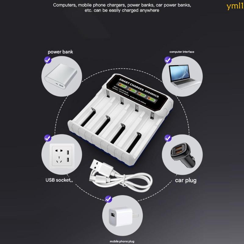Yml1 อัจฉริยะ 4 Bay แท่นชาร์จ Overcharge การป้องกันการติดตั้งย้อนกลับความปลอดภัยสําหรับ 21700 26650 