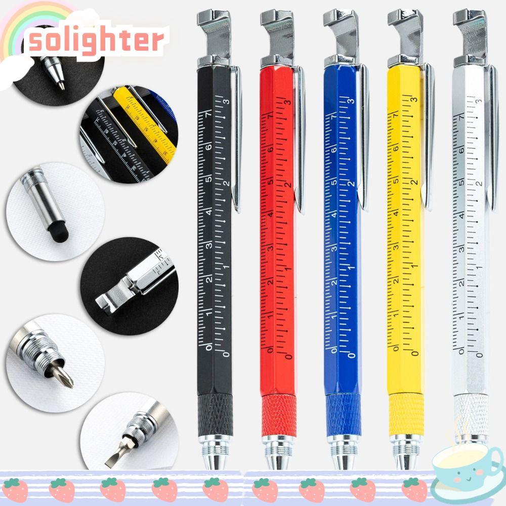 SOLIGHTER ปากกาหลายเครื่องมือ, ปากกาลูกลื่นโลหะ 7-in-1, ทนทานพร้อมที่เปิดขวดไขควงไม้บรรทัดปากกา Capacitive เครื่องมือก่อสร้าง