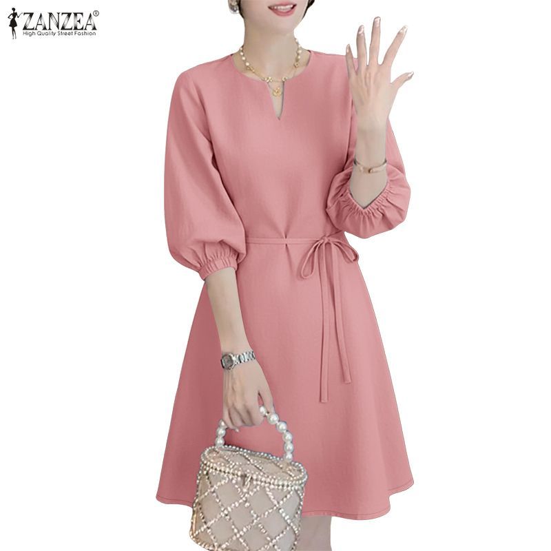 ZANZEA ผู้หญิงเกาหลี Elegant Ladylike คอกลม 3/4 แขนโคมไฟ Tie-Up Design A-Swing Dresses