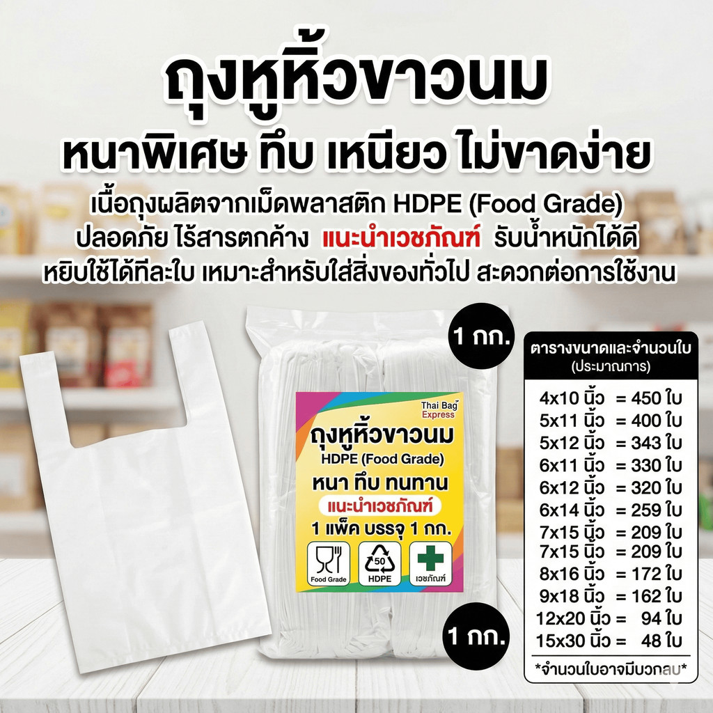 ถุงหิ้วขาวนม 1 กิโลกรัม  ถุงหิิ้ว สะอาด แนะนำร้านยา  หนา เกรดเอ ผลิตภัณฑ์ที่สะอาดหนา จากประเทศไทย