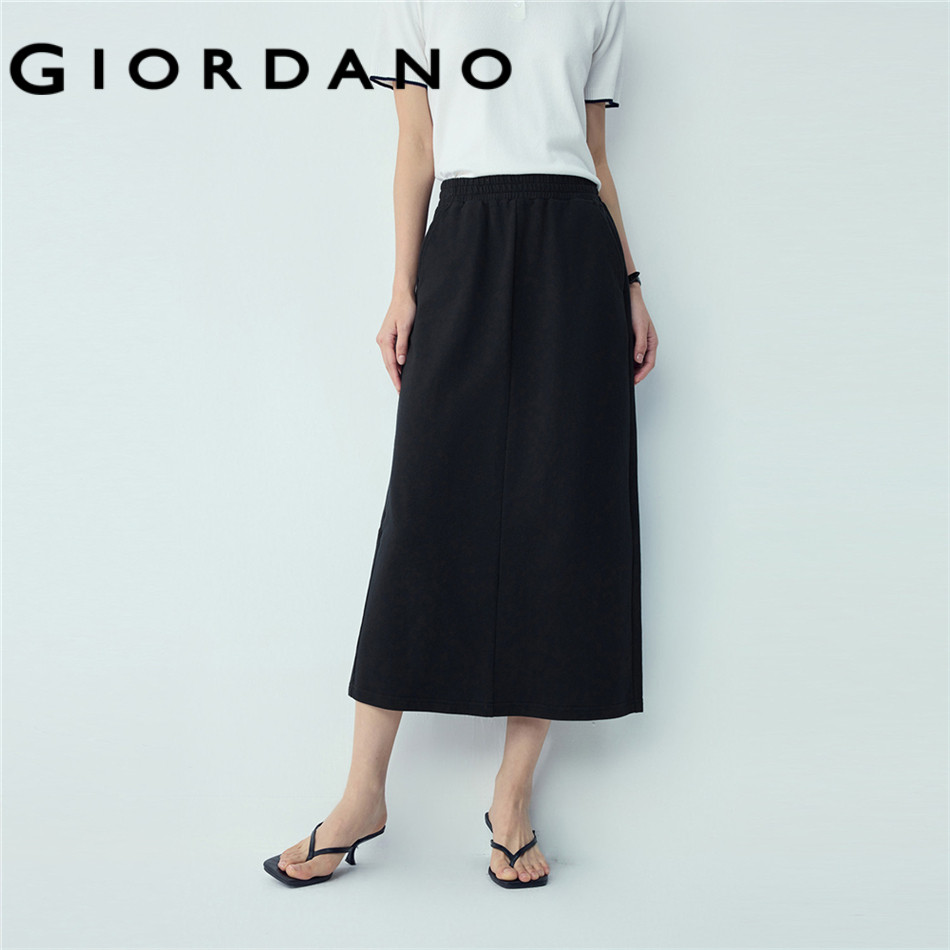 GIORDANO WOMEN 100% Cotton elastic waist french terry maxi skirt 13466222