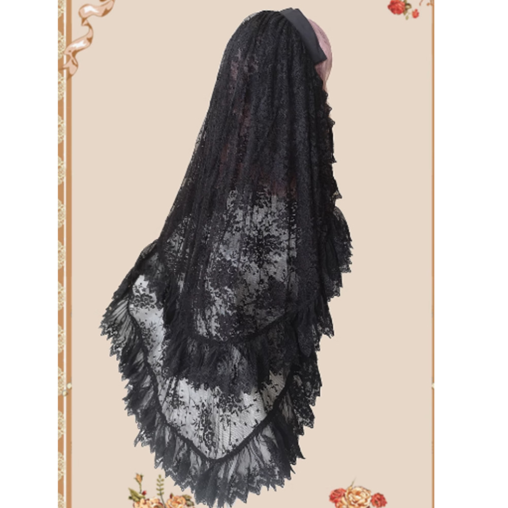 Gothic Black Lolita Veil ความยาวข้อศอกตาข่าย Layered Veil