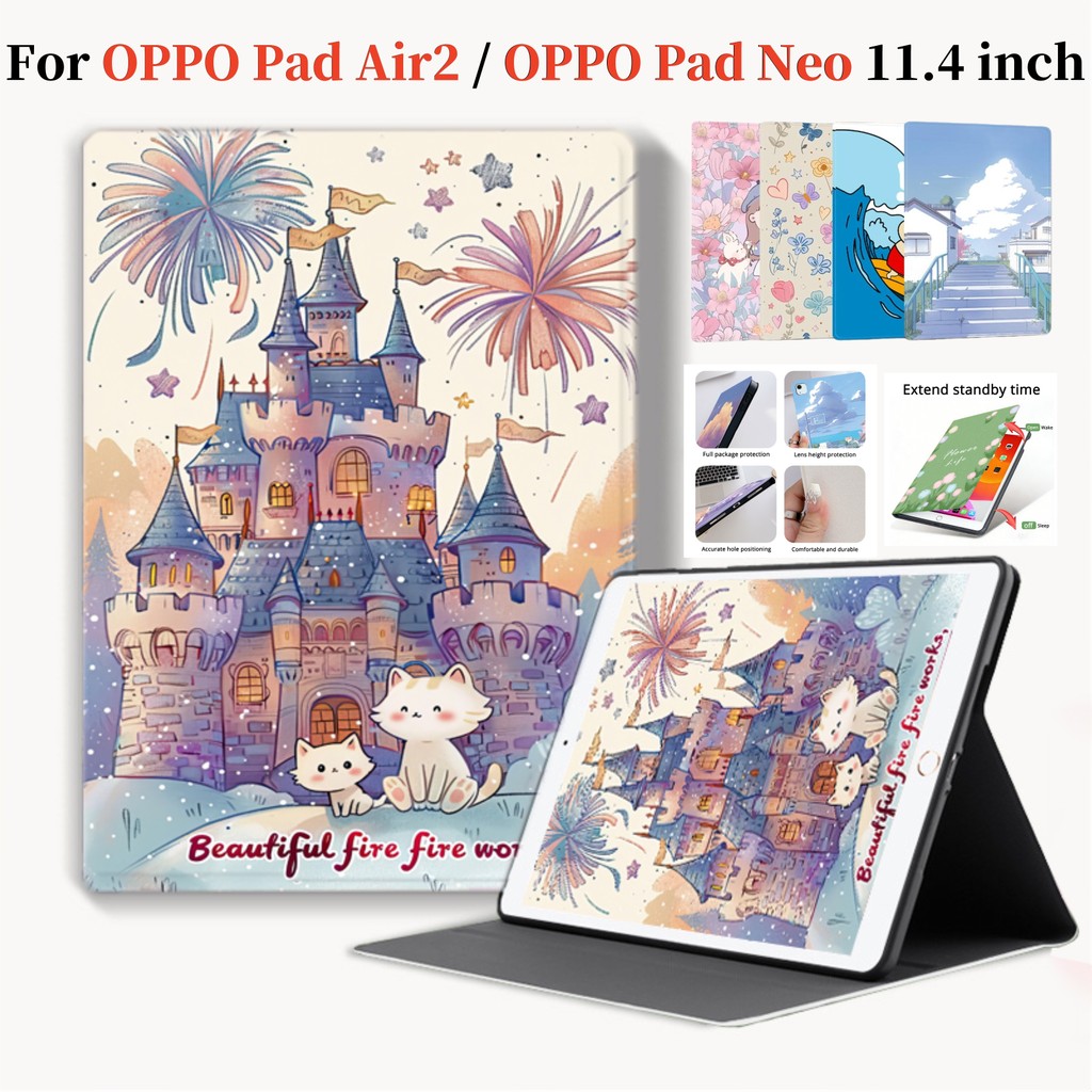 สําหรับ OPPO Pad Air2 Pad Neo 11.4 นิ้ว PU หนังสําหรับ Oppo Pad Air 2 NEO OPD2303 OPD2302 น่ารักการ์ตูนพิมพ์หนังสือสไตล์กรณีอัตโนมัติ sleep/wake