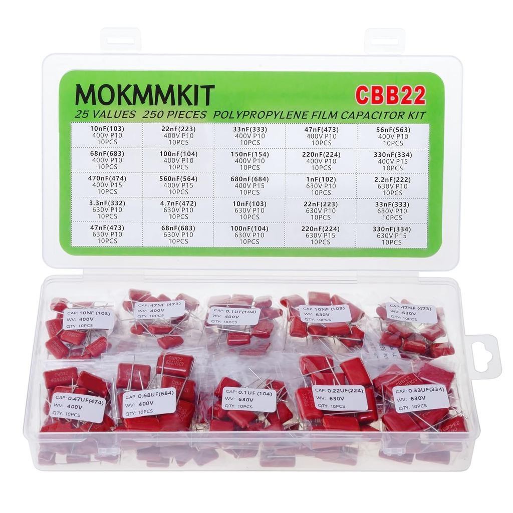 25 ค่า 250 ชิ้น Metallized Polypropylene Capacitor Kit CBB22 400V (0.01uF ~ 0.68uF) และ CBB22 630V (