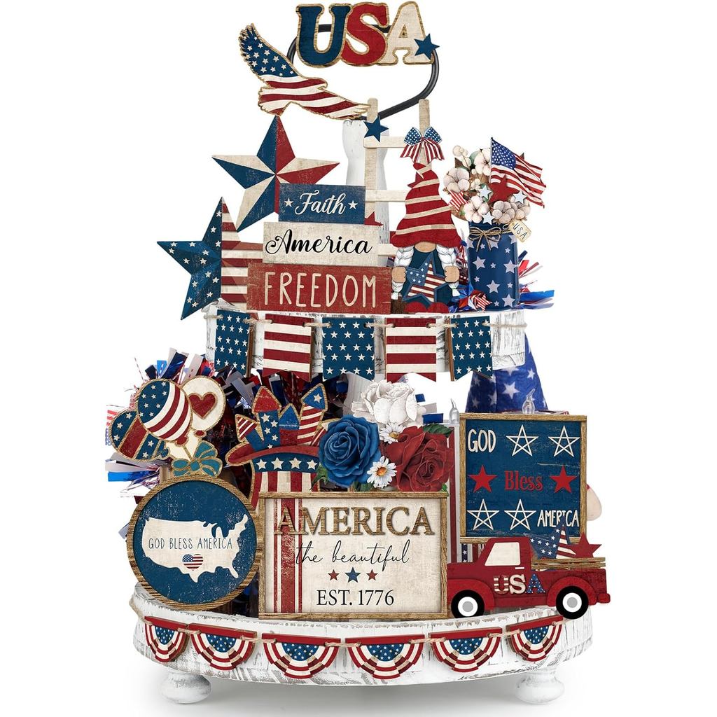26 ชิ้น 4th of กรกฎาคม Tiered ถาดตกแต่ง Patriotic USA ธงไม้ป้าย Rustic ไม้ Tiered ถาดตกแต่งสําหรับ M
