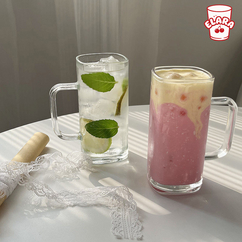 แก้วกาแฟเย็นมีหูจับ 320ml ทรงสี่เหลี่ยม สำหรับร้านกาแฟ บาร์ แก้วเบียร์ แก้วชาผลไม้
