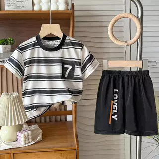 MooDeng Baby ชุดเซตเด็กชาย เสื้อ+กางเกง คอกลม เสื้อกีฬา ผ้าแจ็คการ์ด ยืดหยุ่น ผ้าลื่น มัน เบาใส่สบาย