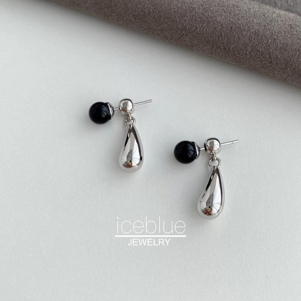 Iceblue Black Agate Look Water Drop Stud ต่างหู Dual-wear กันน้ํา Non Tarnish Hypoallergenic Pin ต่างหูสําหรับผู้หญิง E162